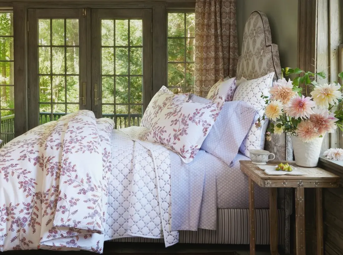 Meadow Embroidery — Daisy Sage four-piece bedding design